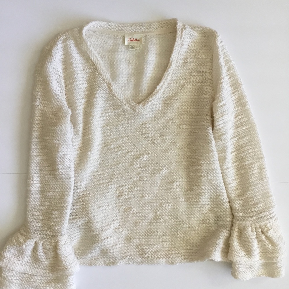 Deletta Ivory Sweater Bell Sleeves V-neck Pullover Size S